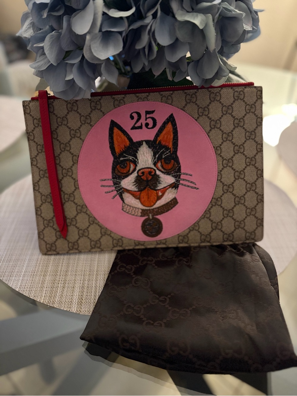 Gucci GG Supreme Bosco (Boston terrier) leather clutch pouch